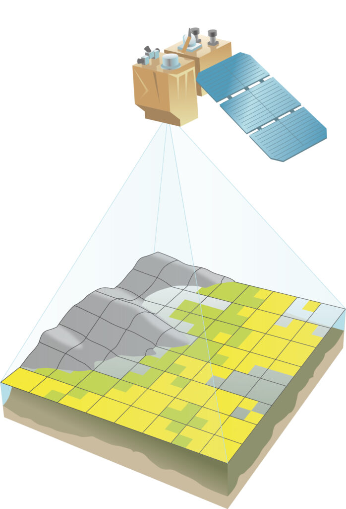 Illustration of a satellite taking images of the land surface
